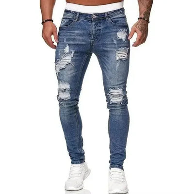 New Fashion Streetwear Ripped Skinny Jeans Men Vintage Wash Solid Denim Trouser Mens Casual Slim Fit Pencil Denim Pants Hot Sale