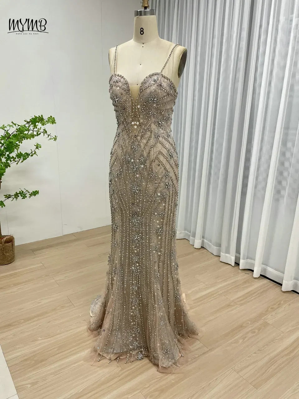 MYMB Luxury Mermaid Sheath Evening Gown for Women Wedding Party Dubai Sexy Spaghetti Straps Backless Beaded Prom Dress DSH16188