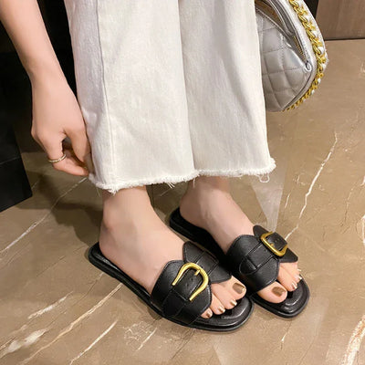 Summer Women Slippers Leather Square Toe Women Flats Flip Flops Designer Ladies Slides Sandals Women Shoes Luxury Sandals