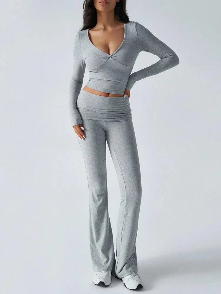 Women's Sexy Suits 2025 Autumn Winter Latest Casual Solid Color Yoga Suit Slim Fit Sports Knit Long Sleeved Pants Two-Piece Set