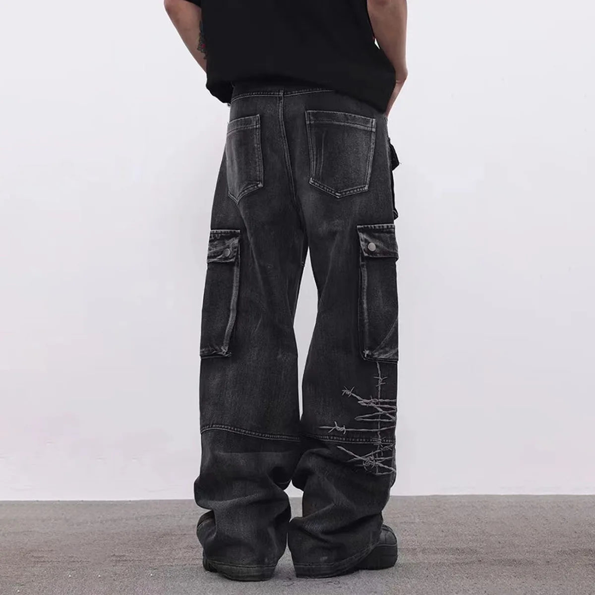 Trendy Brand American Retro Tooling Jeans Mens High Street Heavy Industry Embroidery Loose Wide-leg Trousers