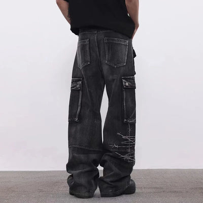 Trendy Brand American Retro Tooling Jeans Mens High Street Heavy Industry Embroidery Loose Wide-leg Trousers