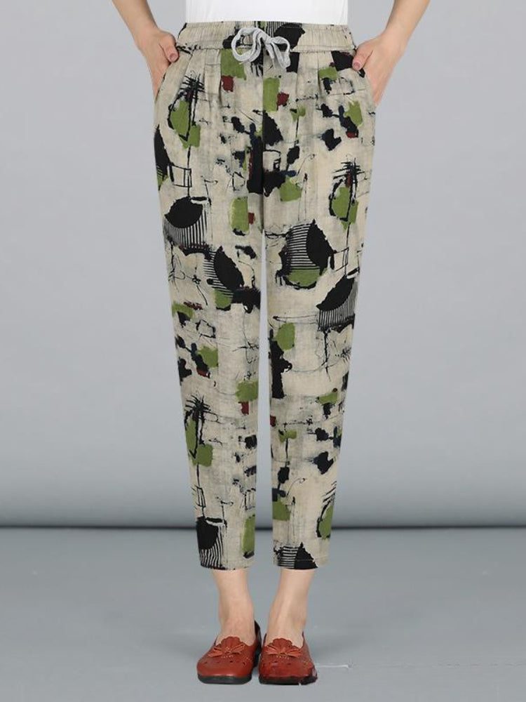 Fashion Printed Cotton Linen Harem Pants for Women 2025 Summer Casual High Waist Calf-Length Loose Trousers Female Streetwear