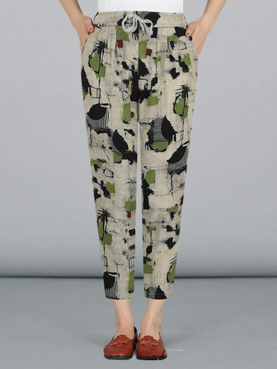 Fashion Printed Cotton Linen Harem Pants for Women 2025 Summer Casual High Waist Calf-Length Loose Trousers Female Streetwear