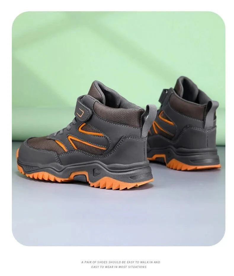 New Boys' Sports Shoes Non-slip School Children's Leather Breathable Running Black Fashion Hiking Shoes Sneaker Size 29-40