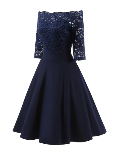 Women Elegant Wedding Bridesmaid Dinner Dress Sexy Lace Off Shoulder Party Dresses Solid Color Half Sleeve Evening Gown Vestido