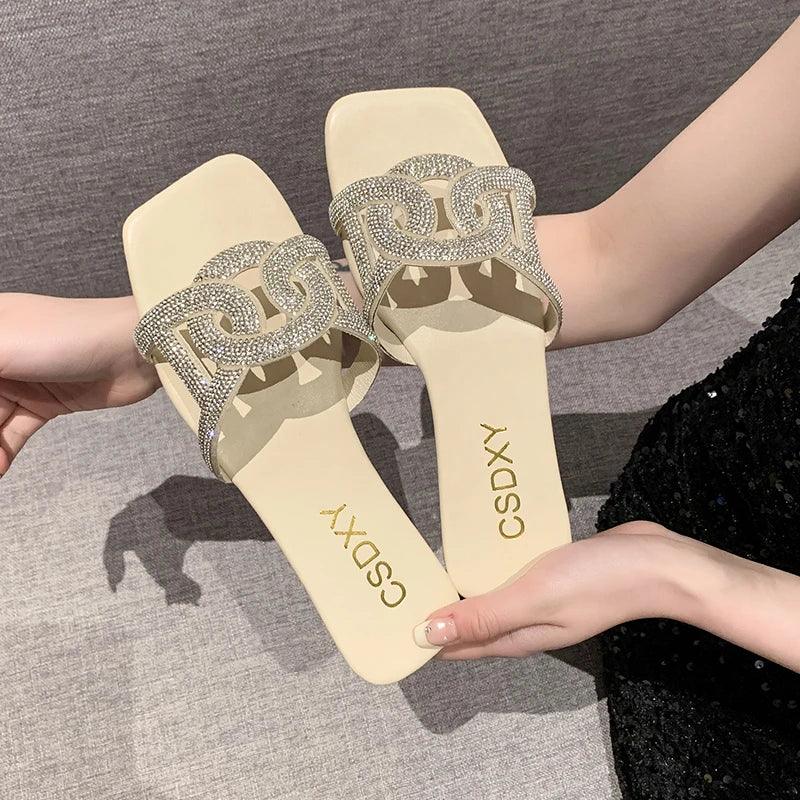 Summer Sandals for Women Flat Sandal Sparkle Rhinestone Slide Trendy Women's Beach Sparkly Dressy Slip on Bling Casual Shoes