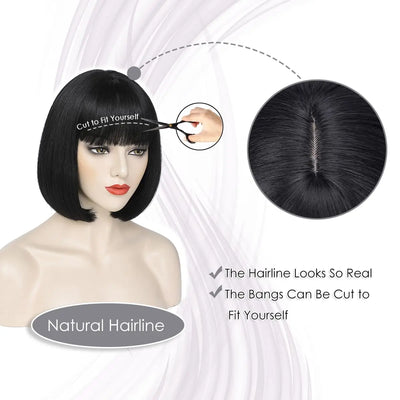 Short Bob Wig with Bangs 12 Inch Short Synthetic Bob Wigs Bangs for Women Natural Looking for Daily Use (Natural Black)