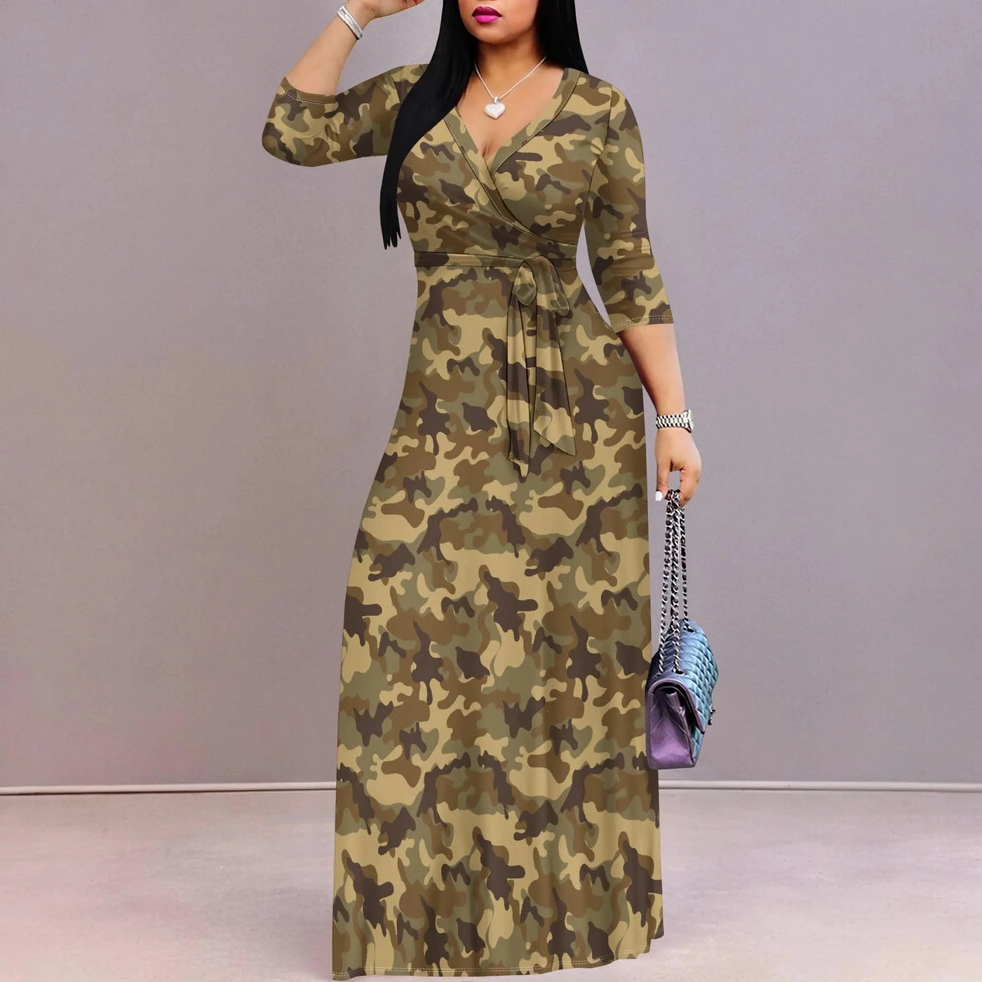 Women's Military Style Camo Dress S-3XL Army-Inspired Maxi Wrap Dress for Festival & Hiking Looks