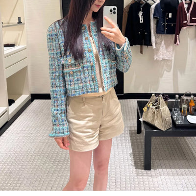 Autumn 2025 New Sle Blue een Tweed round Ne Single Button ort Quilted Jaet Women's Faion Outerwear Small Fraanc...