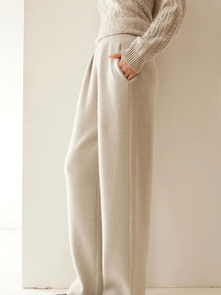ADDONEE Women 100% Cashmere Pants Pleated Waist Wide Leg Pants Casual Simple Style Autumn Winter Cashmere Knit Trousers Luxury