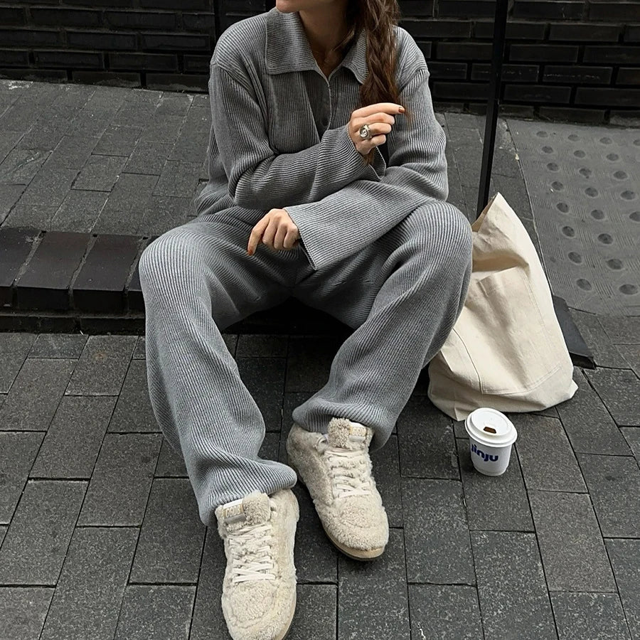 2025 Autumn Street Outfits Knitted Cardigan Pants Sets Women Single Breasted Lapel Sweater High Waist Wide Leg Trousers Suit