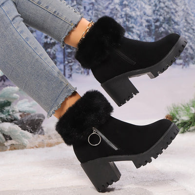 Women's Boots Winter for Ankle Rubber Outsole Warm Cotton Leather Fur Integrated Boots Botas Mujer Platform Ankle Boots Elegant