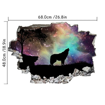 3D Broken Wall Hole Art Moon Night Wolf Howls Vinyl Mural Stickers Room Decorations for Home Items Self Adhesive Animal Poster