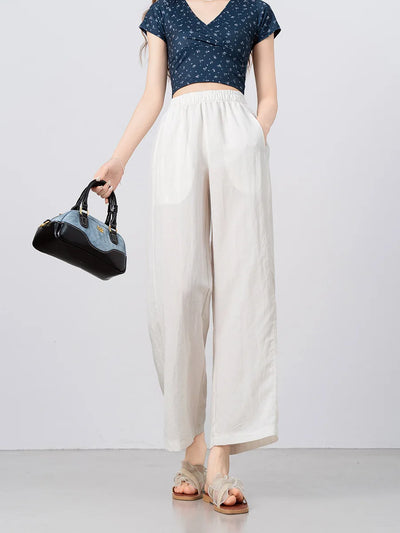 New Wide-leg Pants Women Clothing Summer Thin Loose Straight Casual Pants Solid High Waist Drape Nine-point Literary Pants