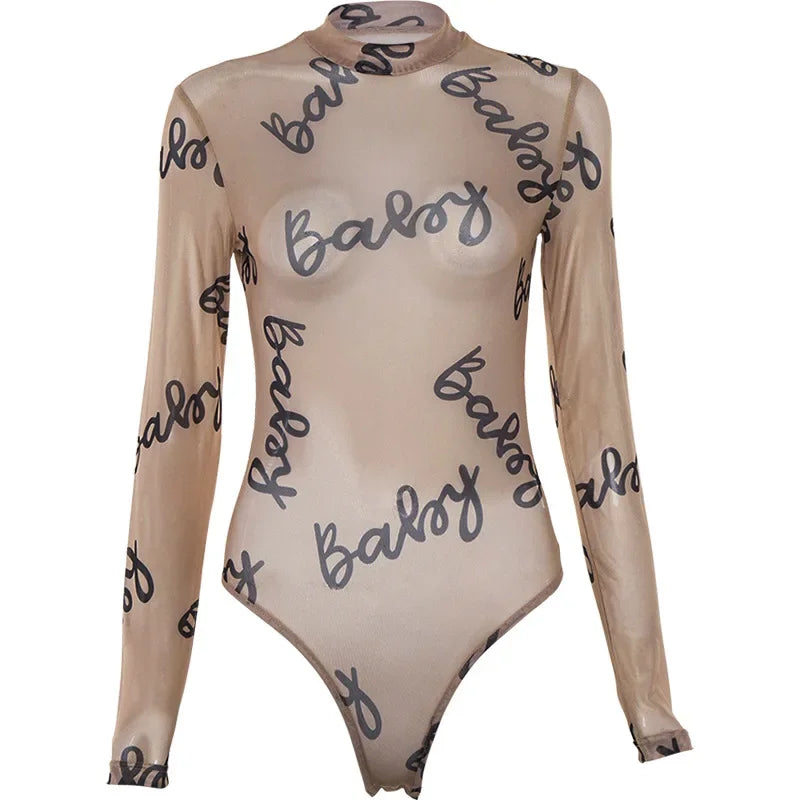 Summer Sexy Letter Print Transparent Mesh Bodysuits Long Sleeve See Through Baby Bodycon Rompers Women Jumpsuits