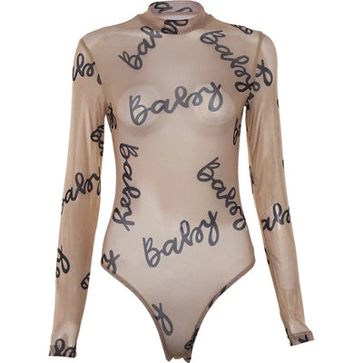 Summer Sexy Letter Print Transparent Mesh Bodysuits Long Sleeve See Through Baby Bodycon Rompers Women Jumpsuits