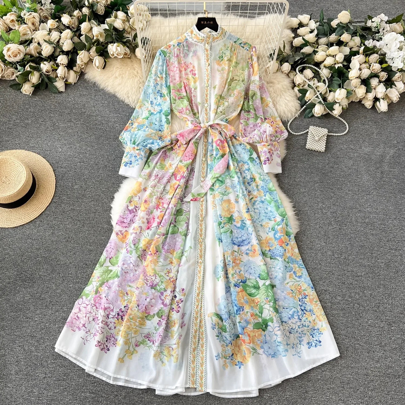 Bohemian Floral Chiffon Summer Dresses for Women 2024 Runway Stand Collar Lantern Sleeve Beach Holiday Long Vestidos Boho Robe