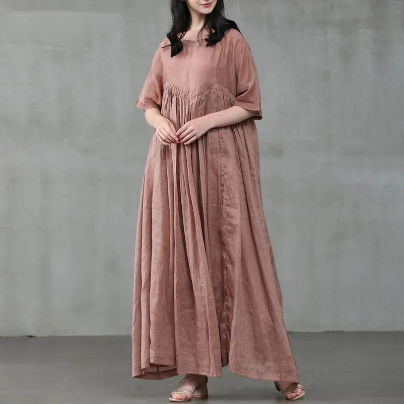 Summer Dresses Women 2023 Casual Fashion Solid Color Round Neck Pleated Cotton Linen Long Dress Elegant Dresses for Women Robe