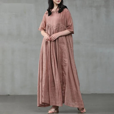 Summer Dresses Women 2023 Casual Fashion Solid Color Round Neck Pleated Cotton Linen Long Dress Elegant Dresses for Women Robe