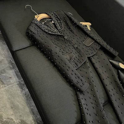 TWOTWINSTYLE Spliced Pearl Solid Two Piece Sets For Women Lapel Long Sleeve Top High Waist Pants Elegant Set Female KSE534390