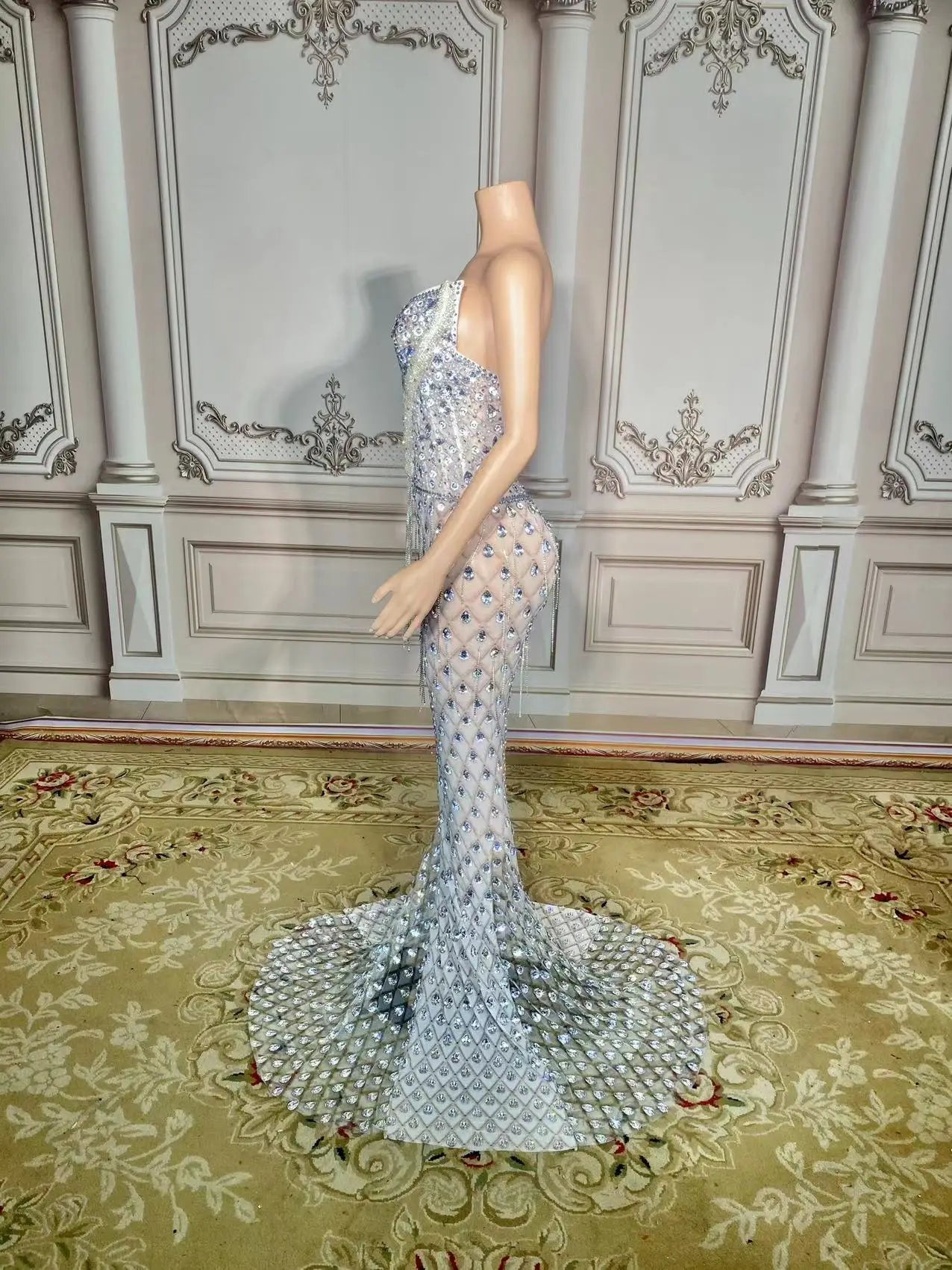 New Sparkly Rhinestones Pearls Floor-length Feathers Dress Women Birthday Celebrate Wedding Evening Prom Dress Photo Shoot Wear
