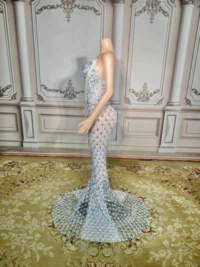 New Sparkly Rhinestones Pearls Floor-length Feathers Dress Women Birthday Celebrate Wedding Evening Prom Dress Photo Shoot Wear