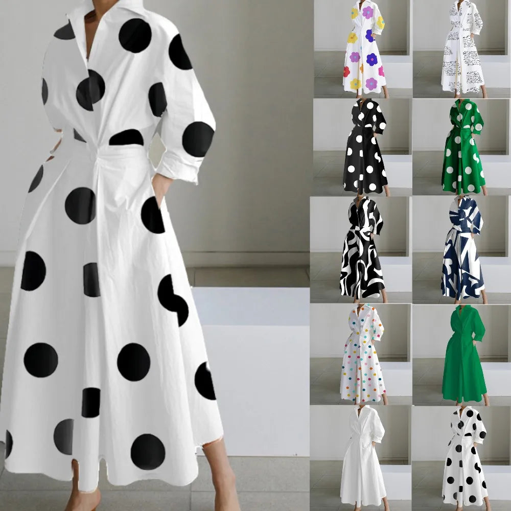 Dresses For Women 2024 Elegant Party Summer Casual Shrit Dress Fashion Polka Polka Dot V-neck Print Loose Button Up Vestidos