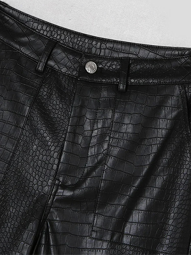 Lautaro Autumn Long Black Crocodile Texture Leather Pants Women Zipper High Waist Y2k Clothes Streetwear Women Trousers 2022