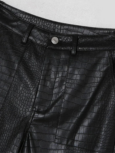 Lautaro Autumn Long Black Crocodile Texture Leather Pants Women Zipper High Waist Y2k Clothes Streetwear Women Trousers 2022