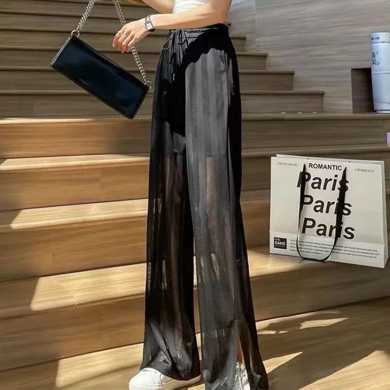 Wide Leg Elastic Waist Trousers for Woman Straight Women's Pants Black Stripe White Clothing High Quality Classic Y2k Streetwear