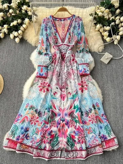 Summer Gorgeous Flower Dress Women Chiffon Clothing Sexy Deep V Neck Single Breasted Floral Print Beach Boho Long Robe Vestidos