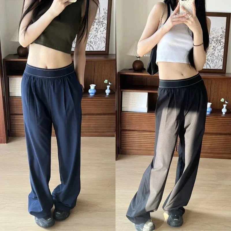 High-waisted wide-legged trousers women summer yoga trousers drape loose straight trousers thin elastic casual versatile
