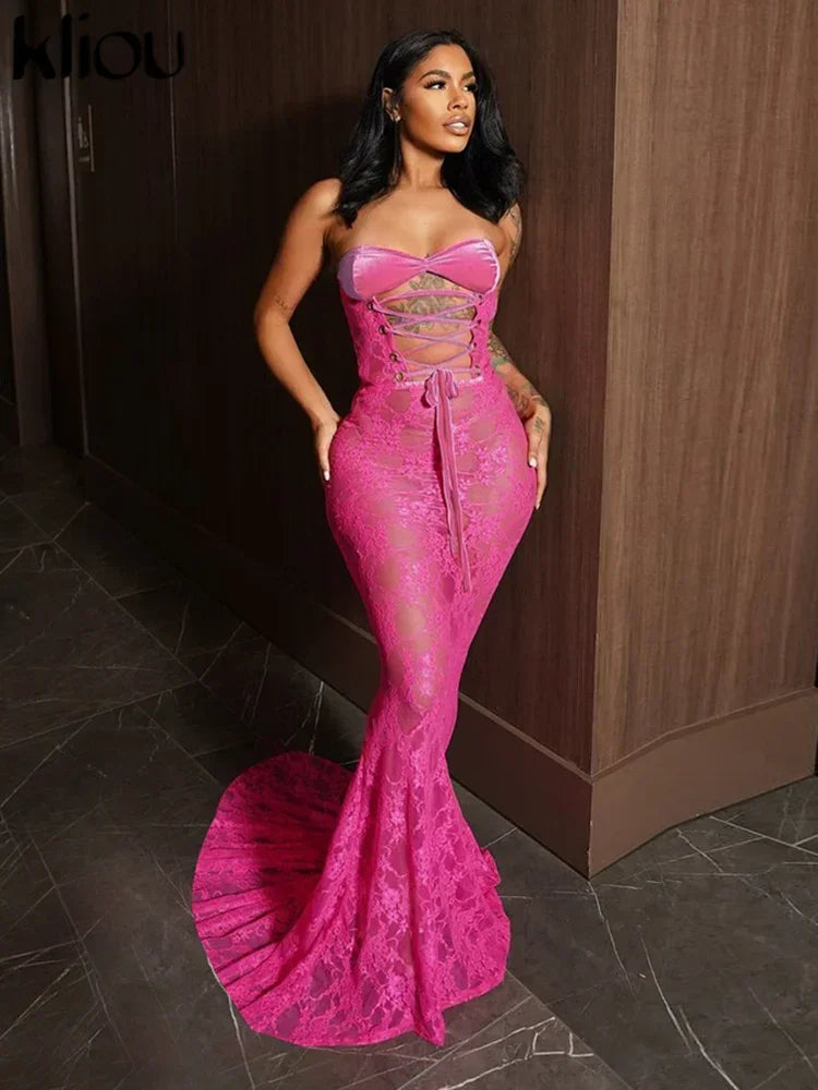kliou Lace Patchwork Women Maxi Dress Sexy Coquette Drawstring Wrapped Chest Body-shaping Vestidos Female Stunning Clubwear Robe