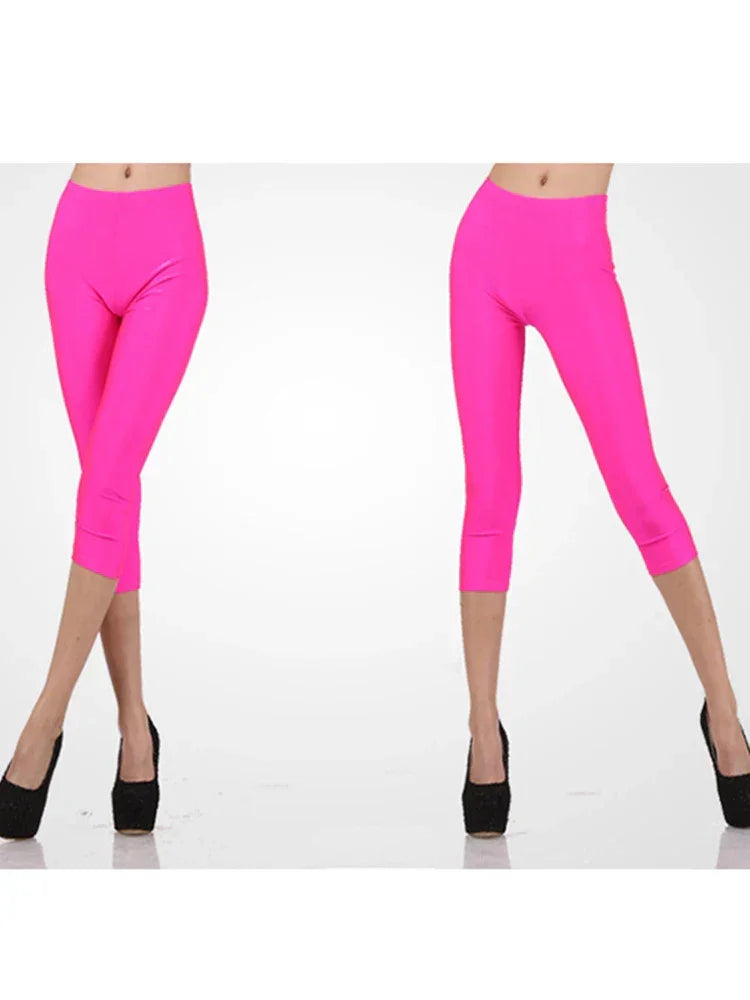 CUHAKCI Fluorescent Color Women Leggings Shiny Leggins Spandex Pants Summer Super Elastic Fitness Capris