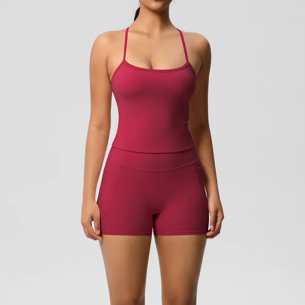 2PCS Sportswear With Pocketed Yoga Set Gym Clothes Yoga Suits For Women Tracksuits Sports Shorts Crossover Bra Gym Leggings