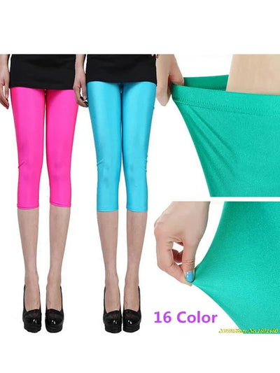 CUHAKCI Fluorescent Color Women Leggings Shiny Leggins Spandex Pants Summer Super Elastic Fitness Capris