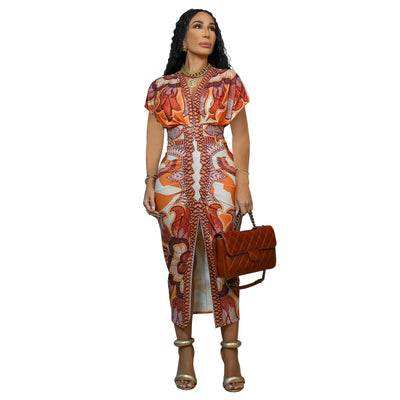Fashionable Short Sleeve V-Neck Printed Slim Fit African Style Women's Dress K10822 Cross-Border Elegant Chic Dress