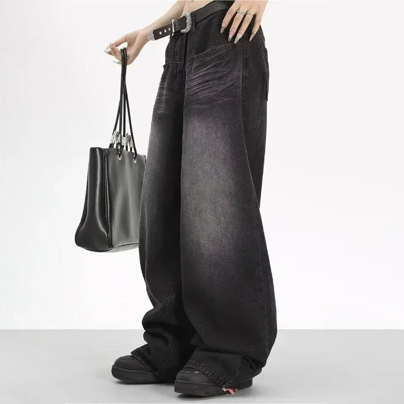 Oversized Retro Black Jeans Wide Leg Pants For Women Chic Y2K Low Waist Baggy Jeans Trouser Mens Barrel Jeans Streetwear