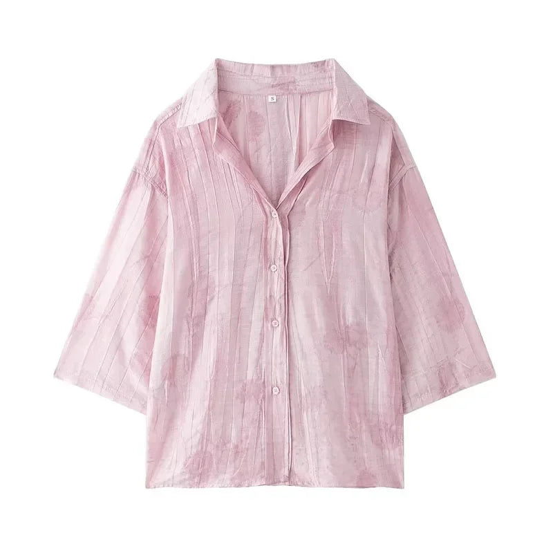 Women's Jacquard Oversized Shirt Trousers Short Sleeves Suit Lapel Shirt High Waist Elastic Straight Leg Pants Chic Female Set
