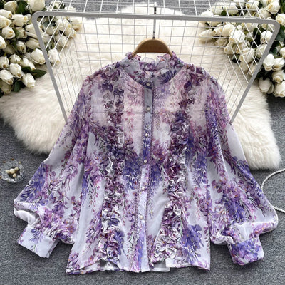 Women Ruffles Lace Floral Print Retro Elegant Button Shirts Summer Fashion Sweet Chic Stand Collar Long Sleeve Blouse Loose Tops