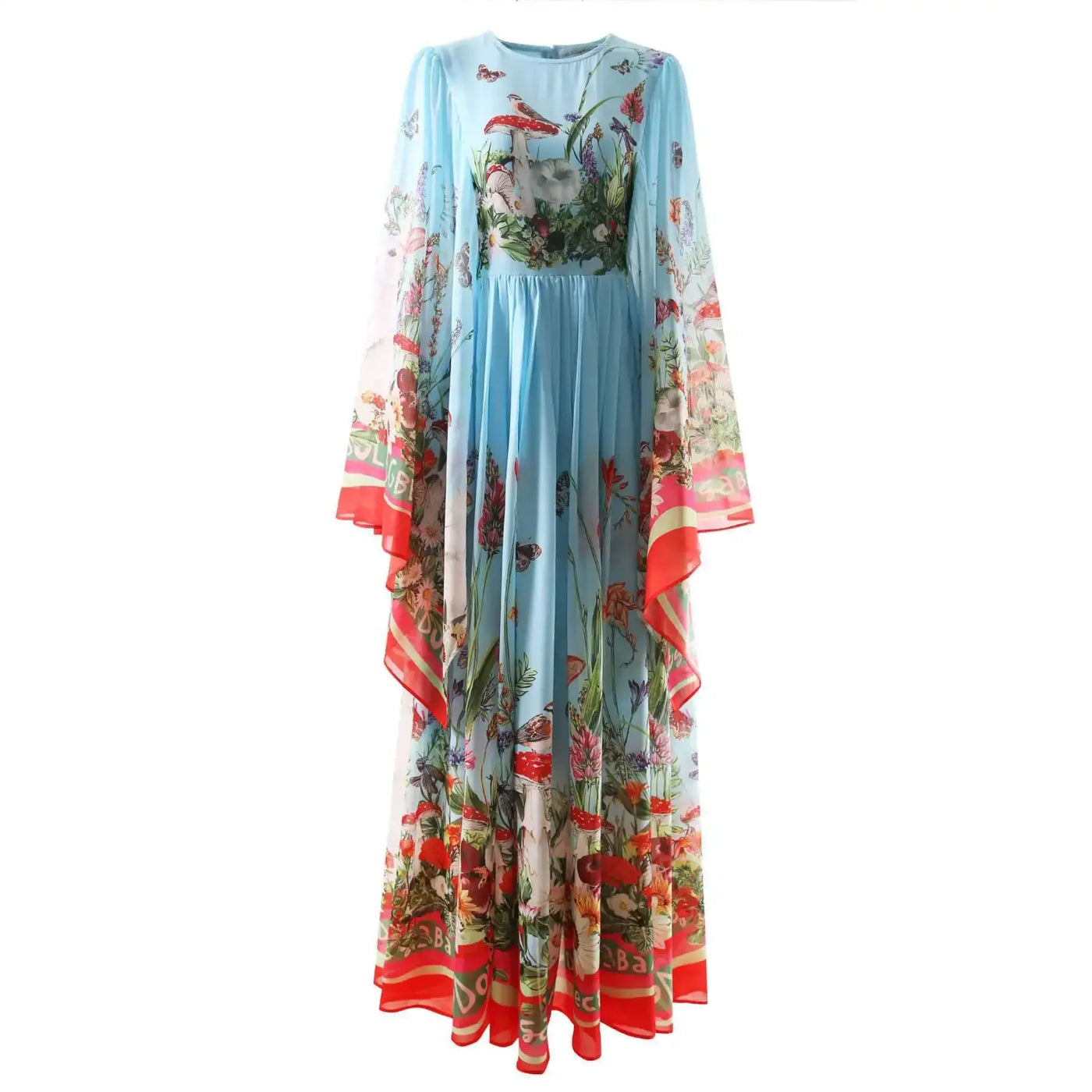 Women Maxi Chiffon Dress Summer Bohemian Rabbits Flower Porcelain Print Clothing Floor Length Flare Sleeve Long Vestidos