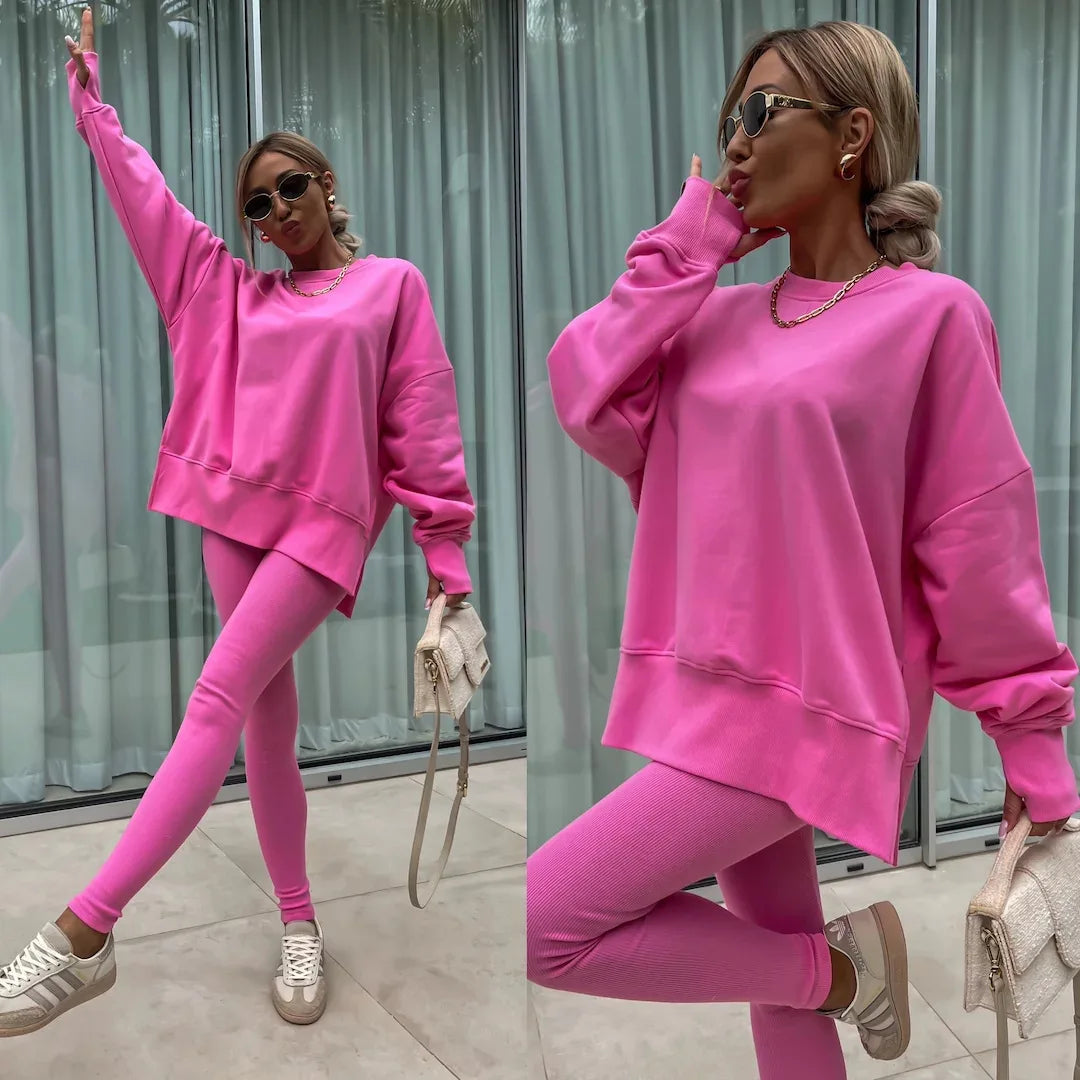 Lounge Sets for Women Two Piece Travel Outfits Sweatsuits Autumn Winter Fashion 2024 Trendy Loose Oversized Tee Tight Trousers