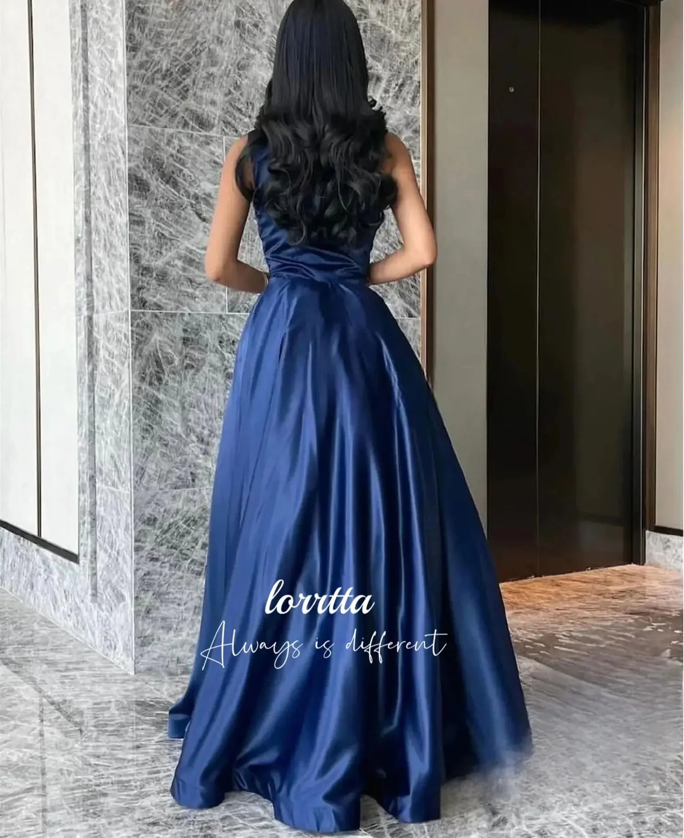 Luxury Woman Women's Evening Dress Dark Blue Satin Glitter Trim Line A Graduation Dresses Party Elegant Prom Wedding Customized