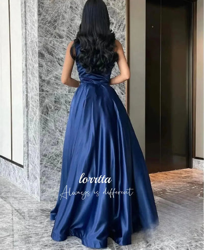 Luxury Woman Women's Evening Dress Dark Blue Satin Glitter Trim Line A Graduation Dresses Party Elegant Prom Wedding Customized