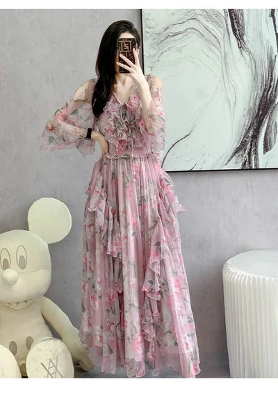 Women Sexy Off Shoulder V Neck Floral Print Dress Summer Gorgeous Flower Pink Chiffon Cascading Ruffles Evening Party Prom Robe