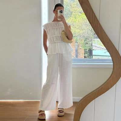 Women Cotton Linen Sleeveless Blouse Round Neck Pleated Top 2025 Spring Summer New Lady O-Neck Solid Color Shirt