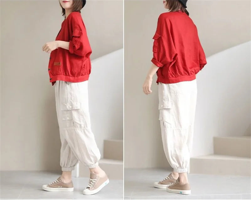 Fashion Cotton Linen Short Jacket For Women Spring Autumn New  Retro Loose V-Neck Thin Casual Top Coat Sunscreen Clothing