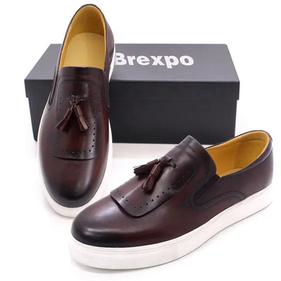 Leather casual shoes tassel high-end handmade men's shoes comfortable round toe flat shoes office banquet men's loafers