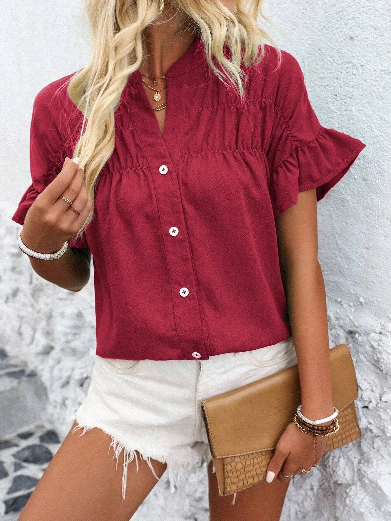 Women Button Solid Cotton Linen Blouses Summer 2025 Fashion Stand Up Short Sleeve Shirts Casual V-Neck Ruffles Office Lady Tops